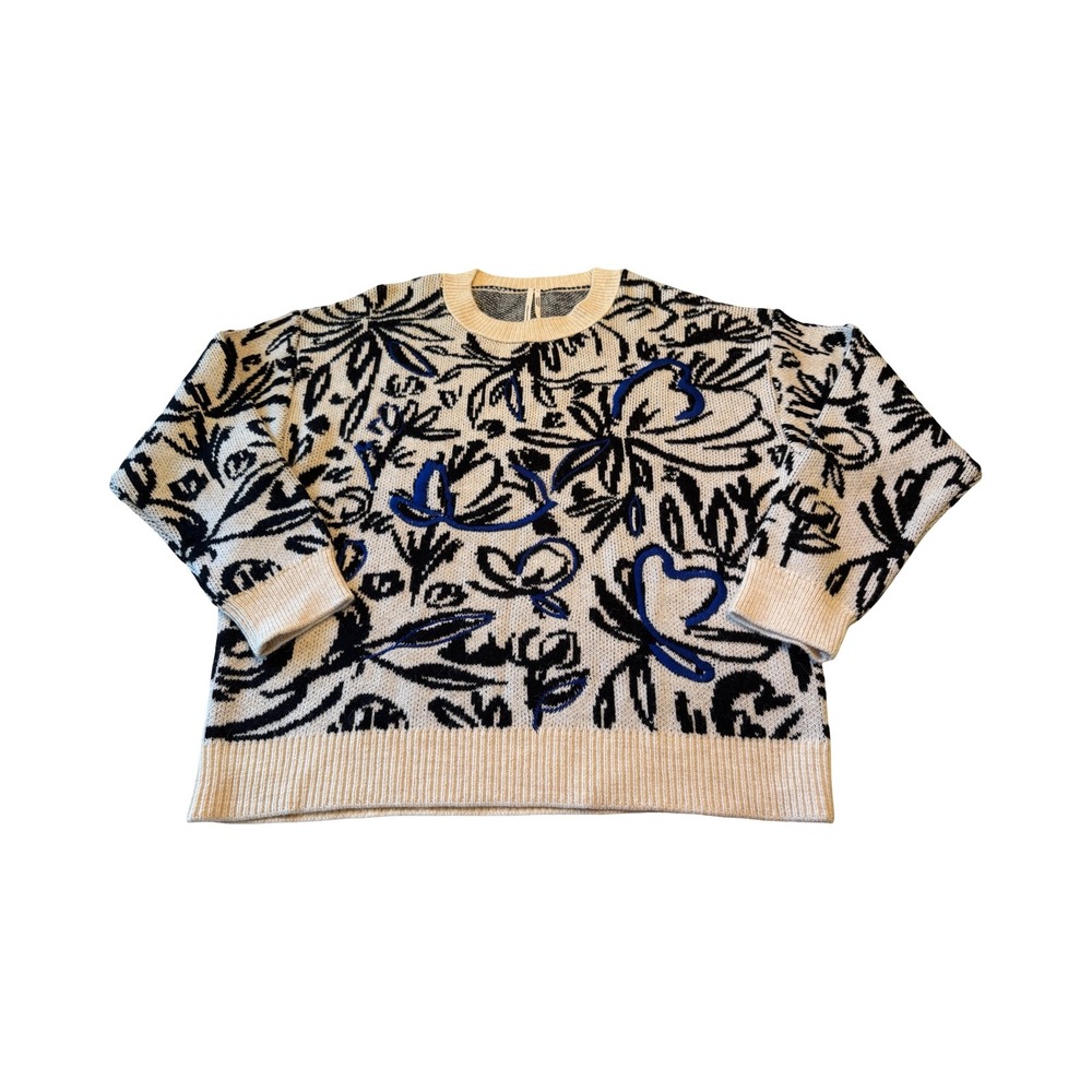 Anthropologie Abstract Floral Jacquard Wool Blend Crewneck Sweater XL Cream Blue